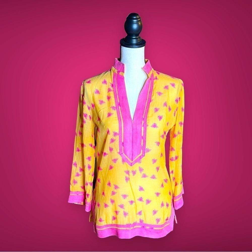 Women’s Sheridan French Pink/Orange Bees Cotton Blend Tunic Blouse Bohemian SZ 2